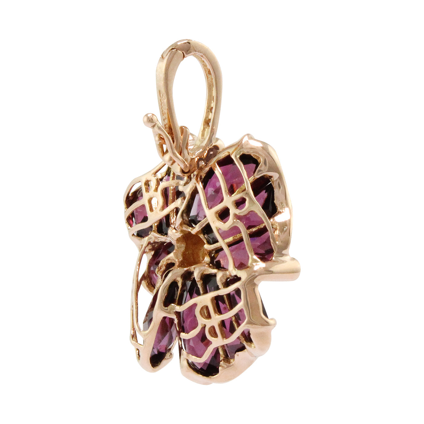 BELLARRI Mademoiselle - Enhancer (Rose Gold / Rhodolite ). Approximately 28mm height (with Diamond bale) x 18mm width. View of back.