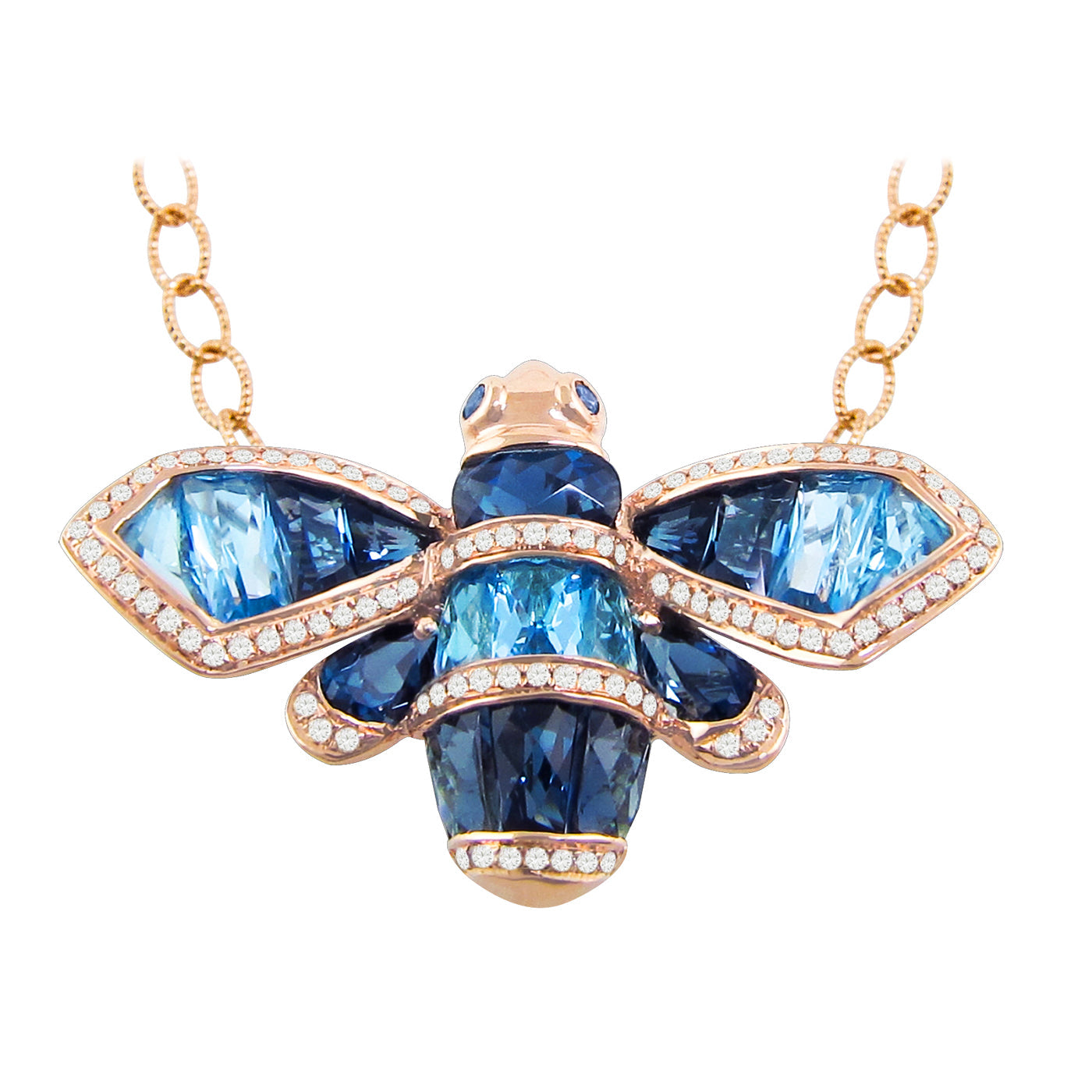 BELLARRI Queen Bee Necklace - 14kt Rose Gold, genuine Diamonds, Swiss Blue Topaz, London Blue Topaz, Sapphires